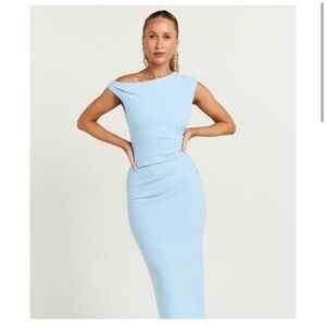 Showpo Off the Shoulder Genie Dress in Light Blue